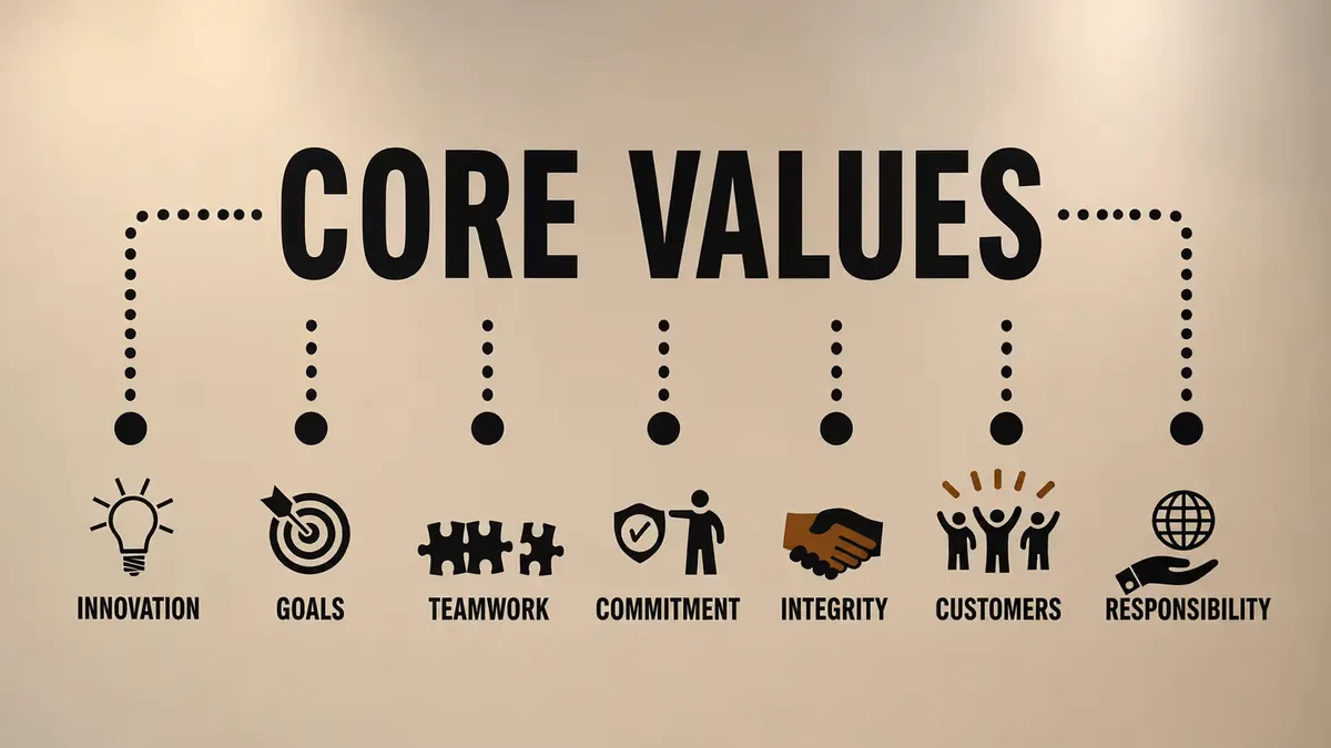 The Core Values wall at WorkBench: Innovation, Goals, Teamwork, Commitment, Integrity, Customers and Responsibility, each paired with its own icon.