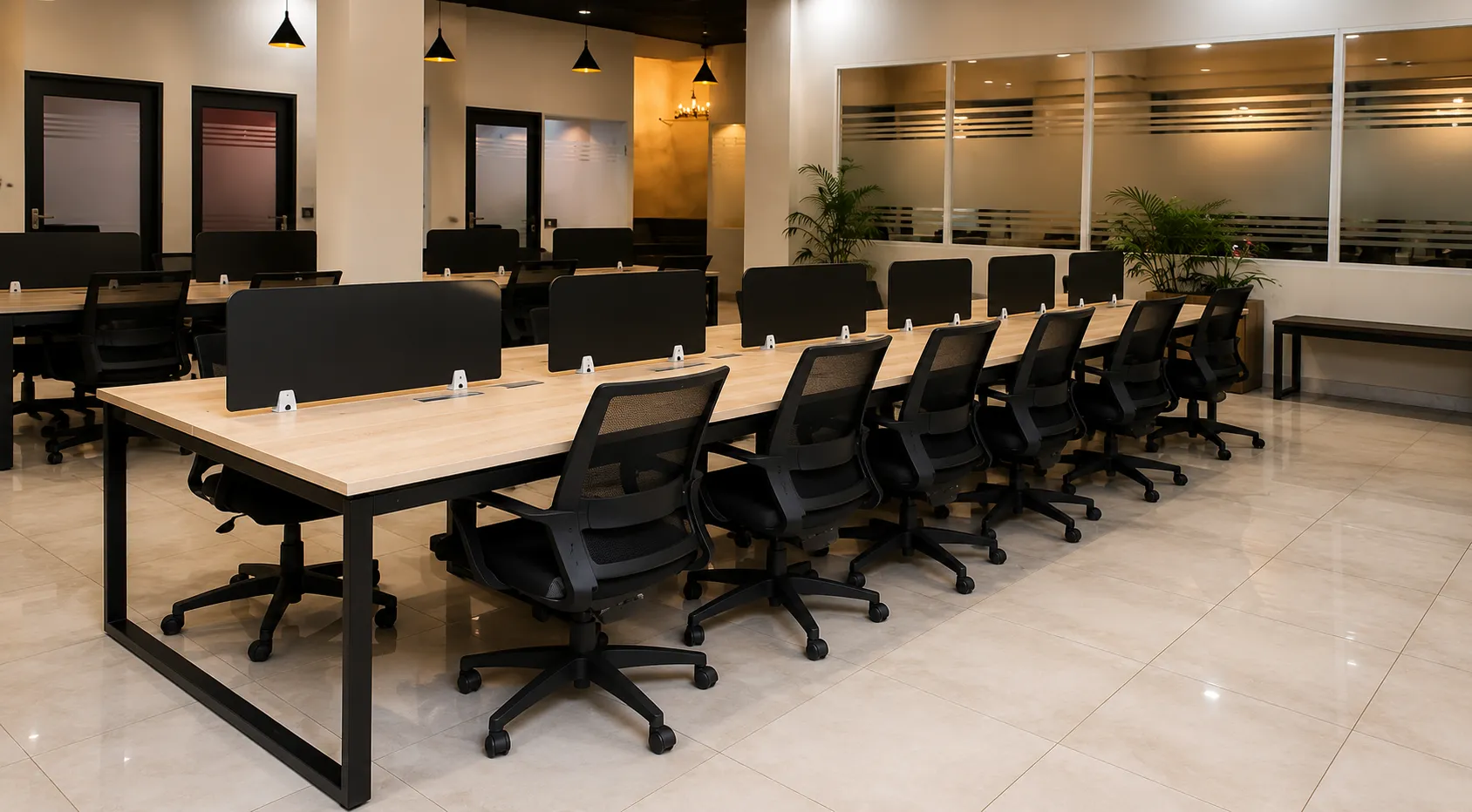 A long run of shared desks and ergonomic chairs on the open floor