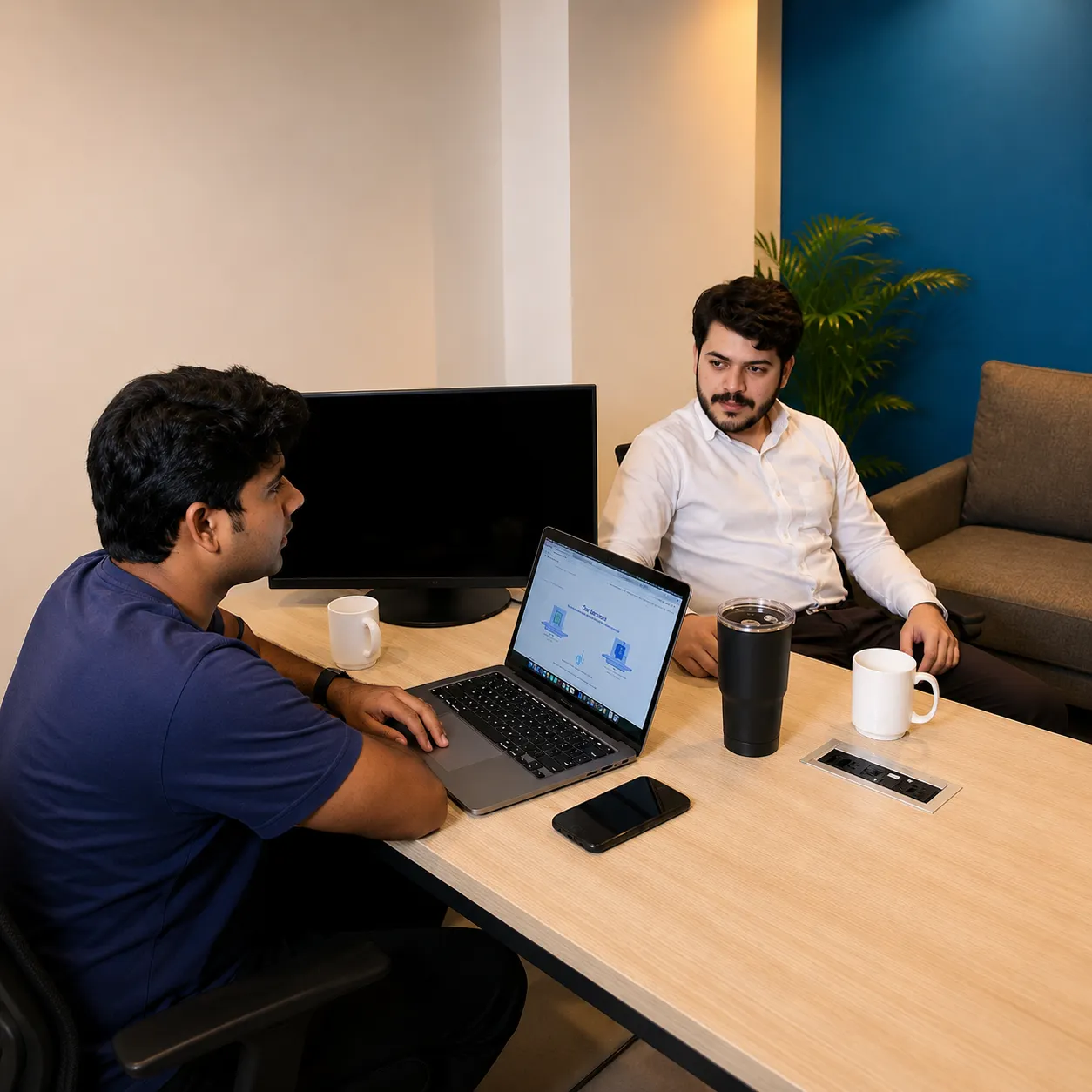 Two colleagues working at desks inside a private office with a monitor and a plant