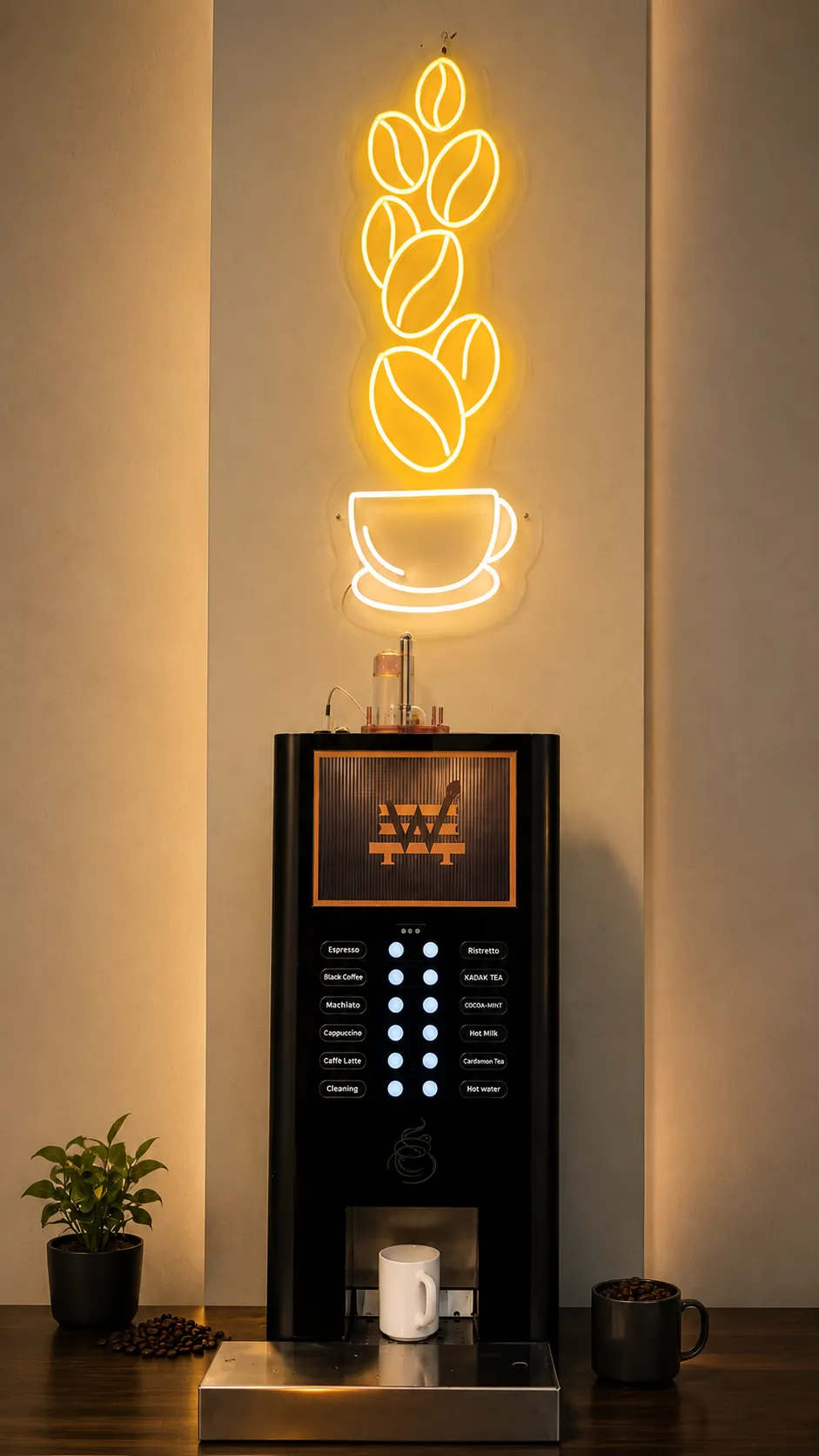 The coffee bar at WorkBench: a bean-to-cup machine branded with the amber W, under a neon sign of coffee beans pouring into a cup, with mugs and loose beans on the counter.