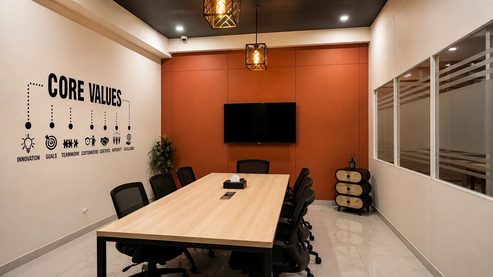 Meeting room with terracotta wall and long table