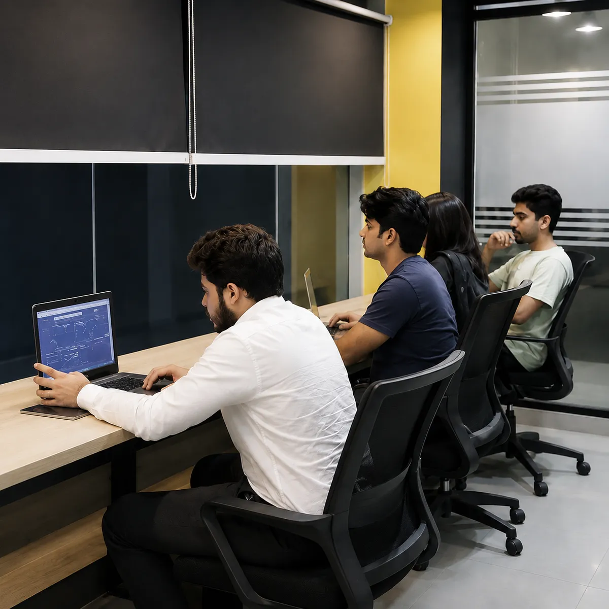 Four members working side by side at a long shared desk at WorkBench, laptops open and grey dividers between them.